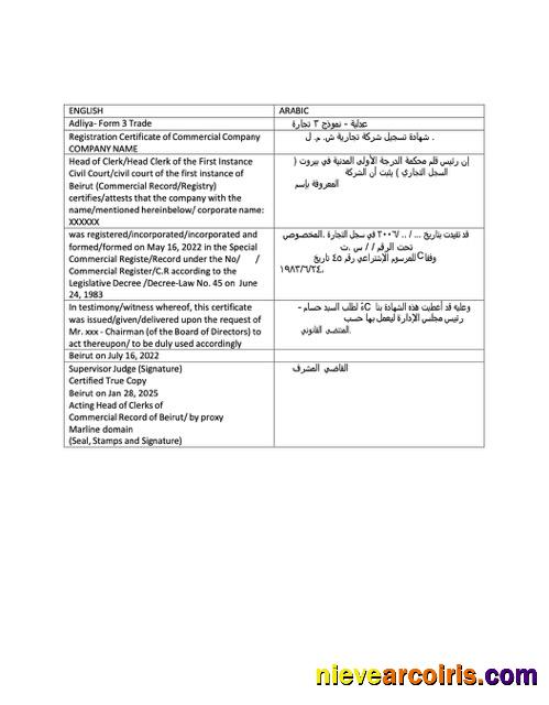 Lebanon registration certificate